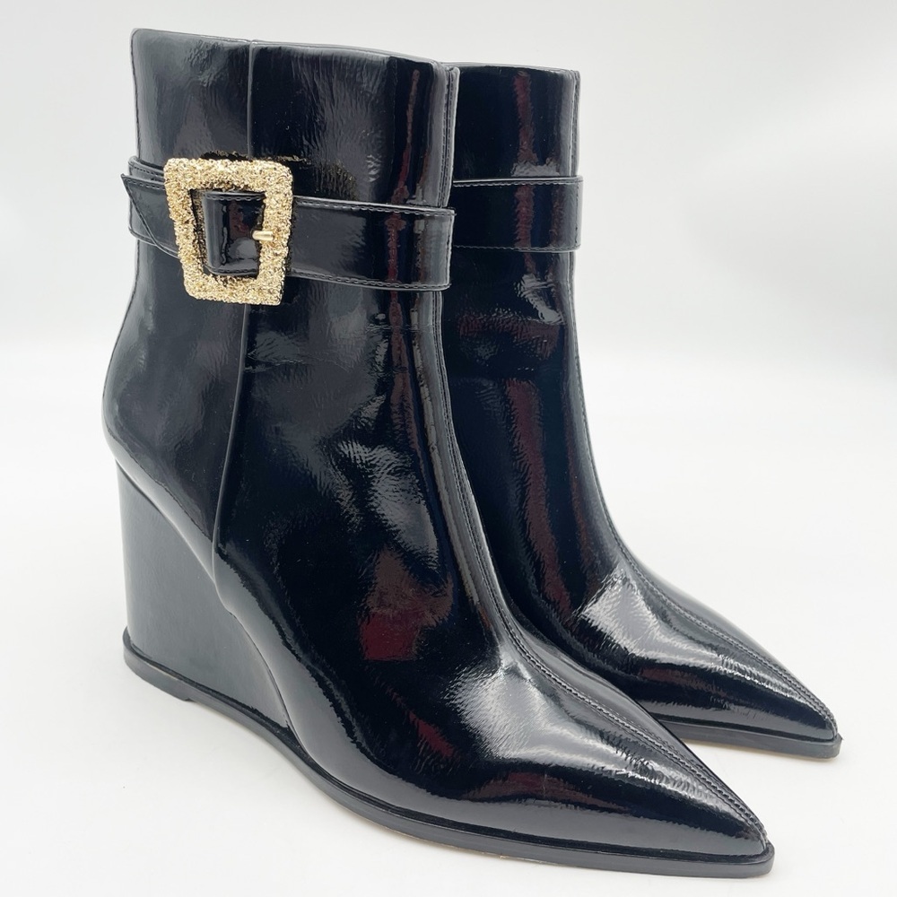 Sam Edelman Womens Weslie 2 Black Patent Pointed Toe Wedge Boots Shoes